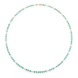 AN EMERALD BEAD AND PEARL NECKLACE in yellow gold, comprising a single row of ninety faceted emerald