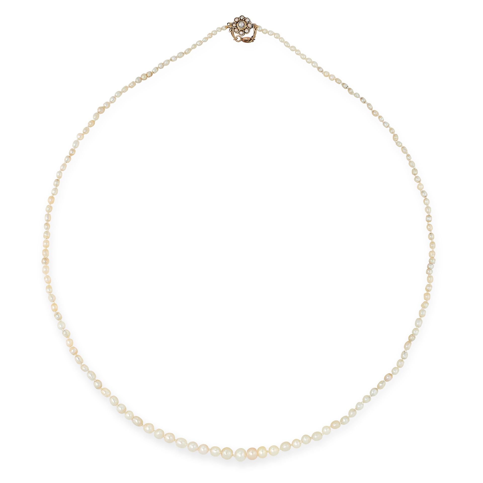 A NATURAL PEARL NECKLACE in yellow gold, comprising a single row of one hundred and forty pearls