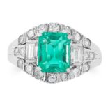 A COLOMBIAN EMERALD AND DIAMOND RING CIRCA 1950 set with an emerald cut emerald of 2.14 carats