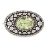 AN ANTIQUE CHRYSOLITE AND DIAMOND BROOCH, 19TH CENTURY in high carat yellow gold and silver, set
