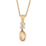 A YELLOW AND WHITE DIAMOND PENDANT AND CHAIN set with a briolette cut yellow diamond below an old