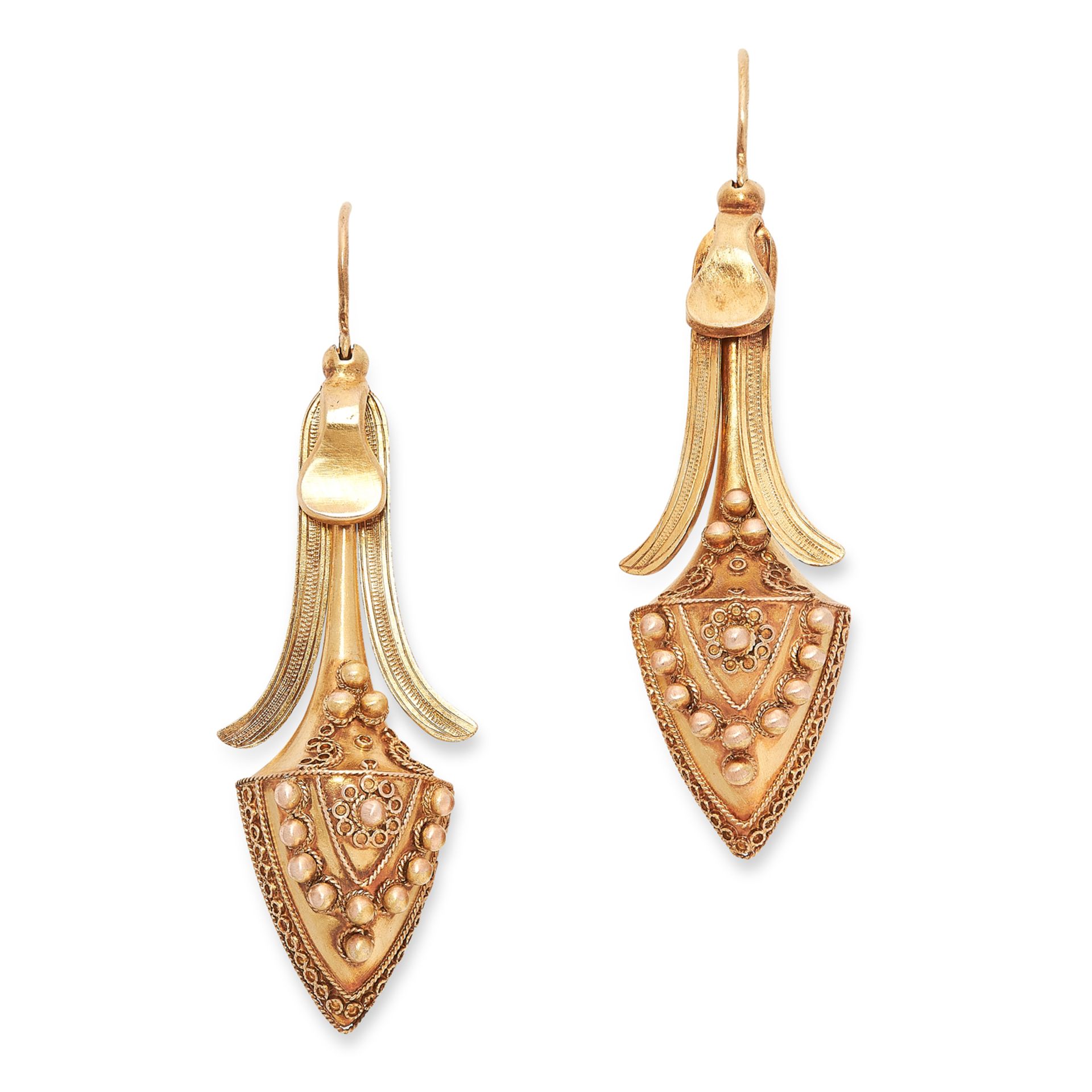 A PAIR OF ANTIQUE DROP EARRINGS, 19TH CENTURY in yellow gold, in the Etruscan revival manner, the