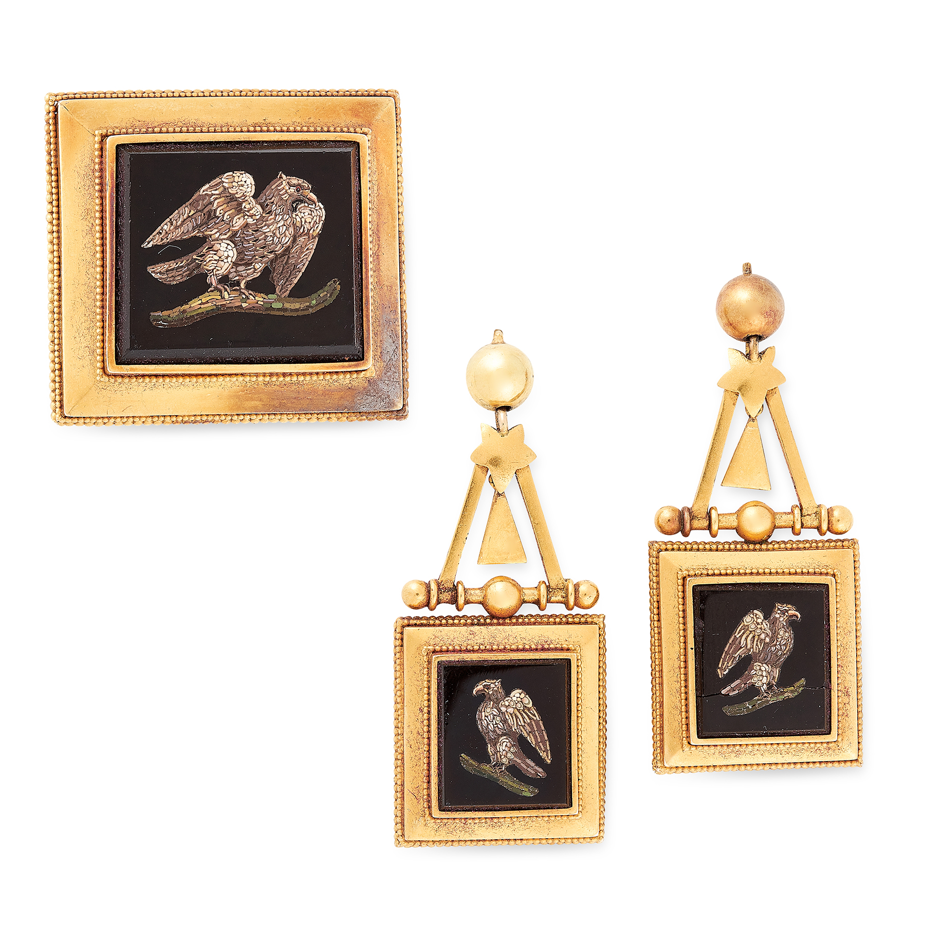 AN ANTIQUE MICROMOSAIC BROOCH AND EARRINGS SUITE, 19TH CENTURY in yellow gold, each of rectangular