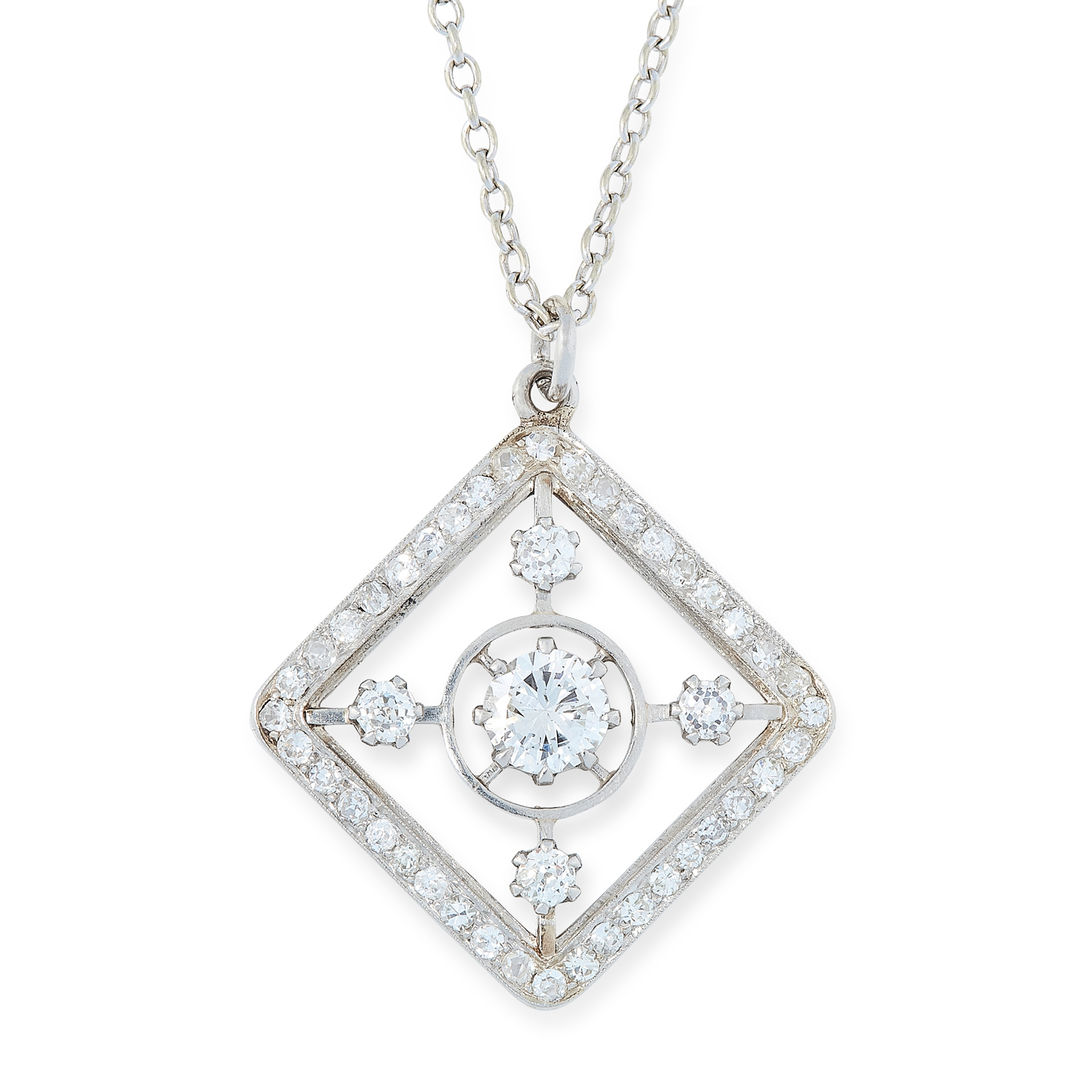 A DIAMOND PENDANT AND CHAIN CIRCA 1950 the square design set at the centre with a round cut