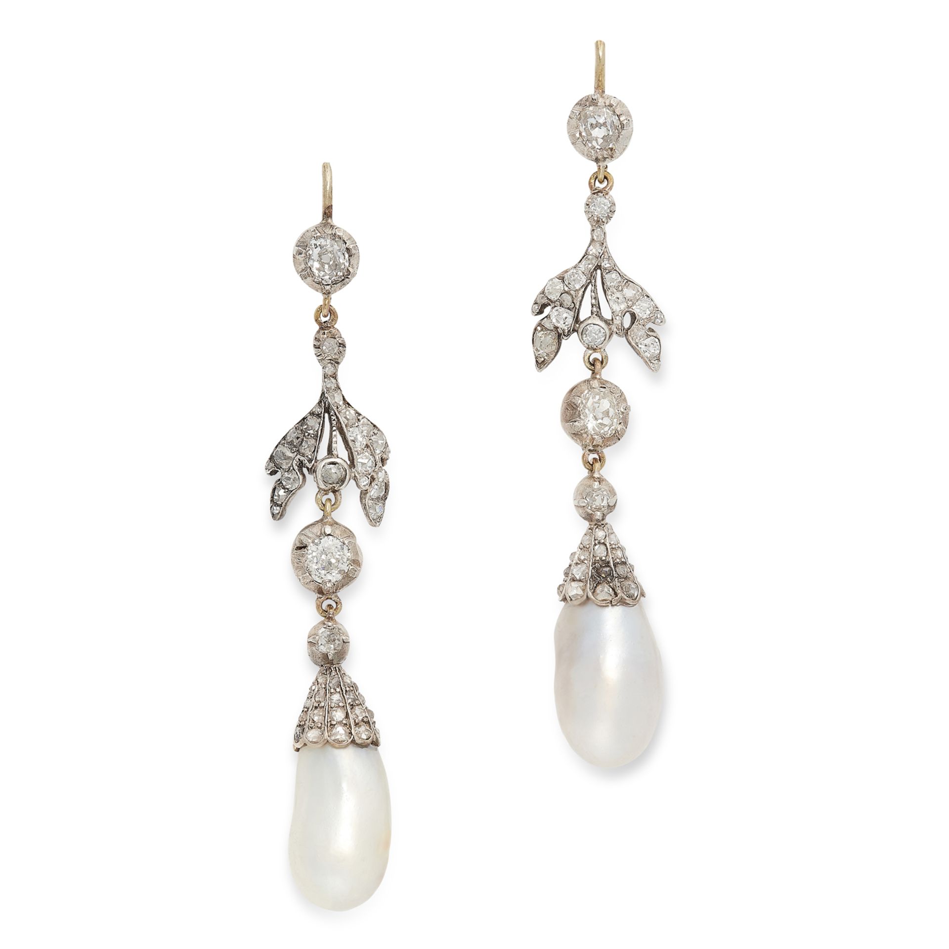 A PAIR OF ANTIQUE NATURAL PEARL AND DIAMOND EARRINGS, 19TH CENTURY in yellow gold and silver,