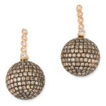 A PAIR OF DIAMOND EARRINGS in yellow gold, each designed as a sphere, set allover with round cut