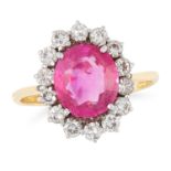 A BURMA NO HEAT PINK SAPPHIRE AND DIAMOND CLUSTER RING set with an oval cut pink sapphire of 1.66