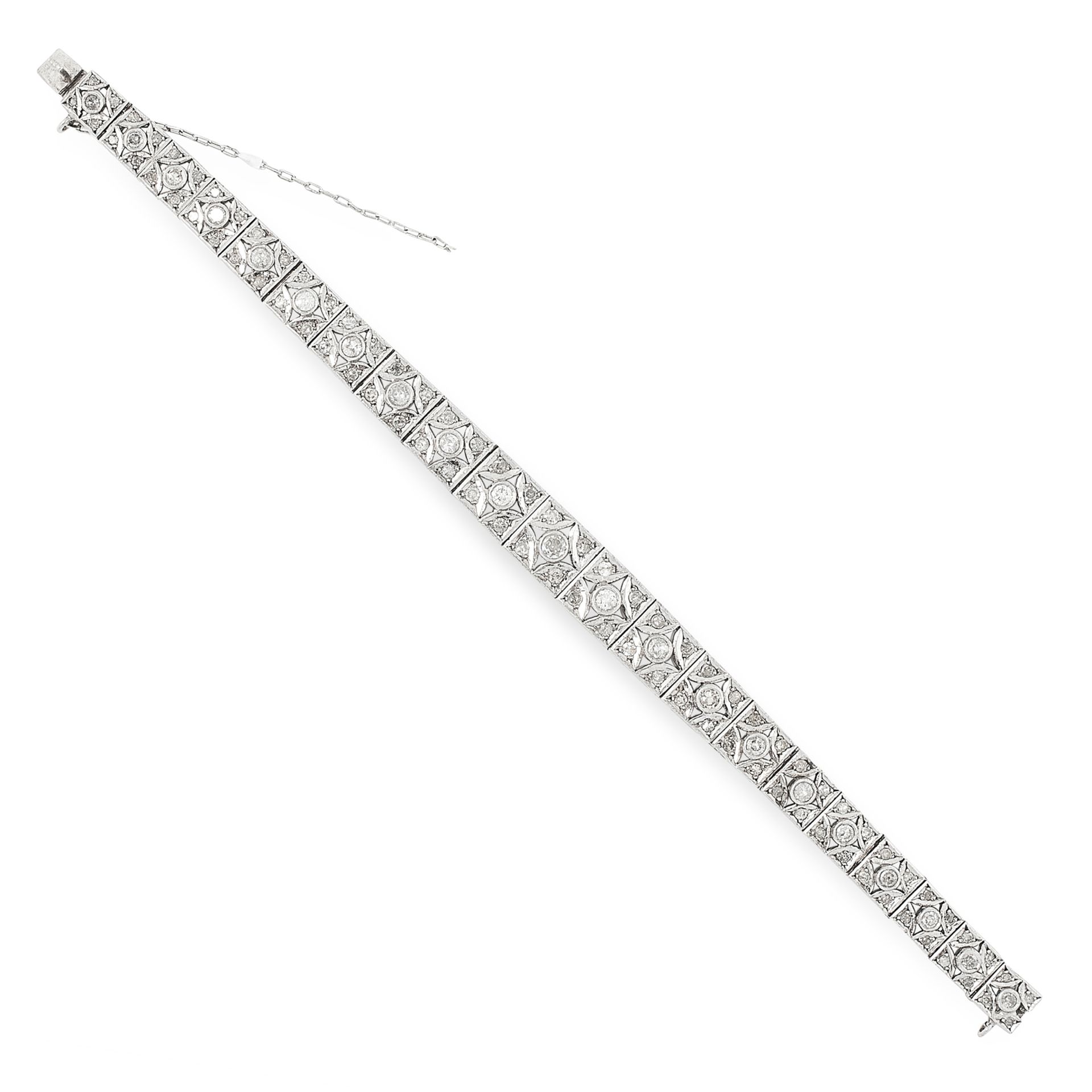 A DIAMOND BRACELET the tapering body set with round cut diamonds, unmarked, 19.0cm, 27.0g.