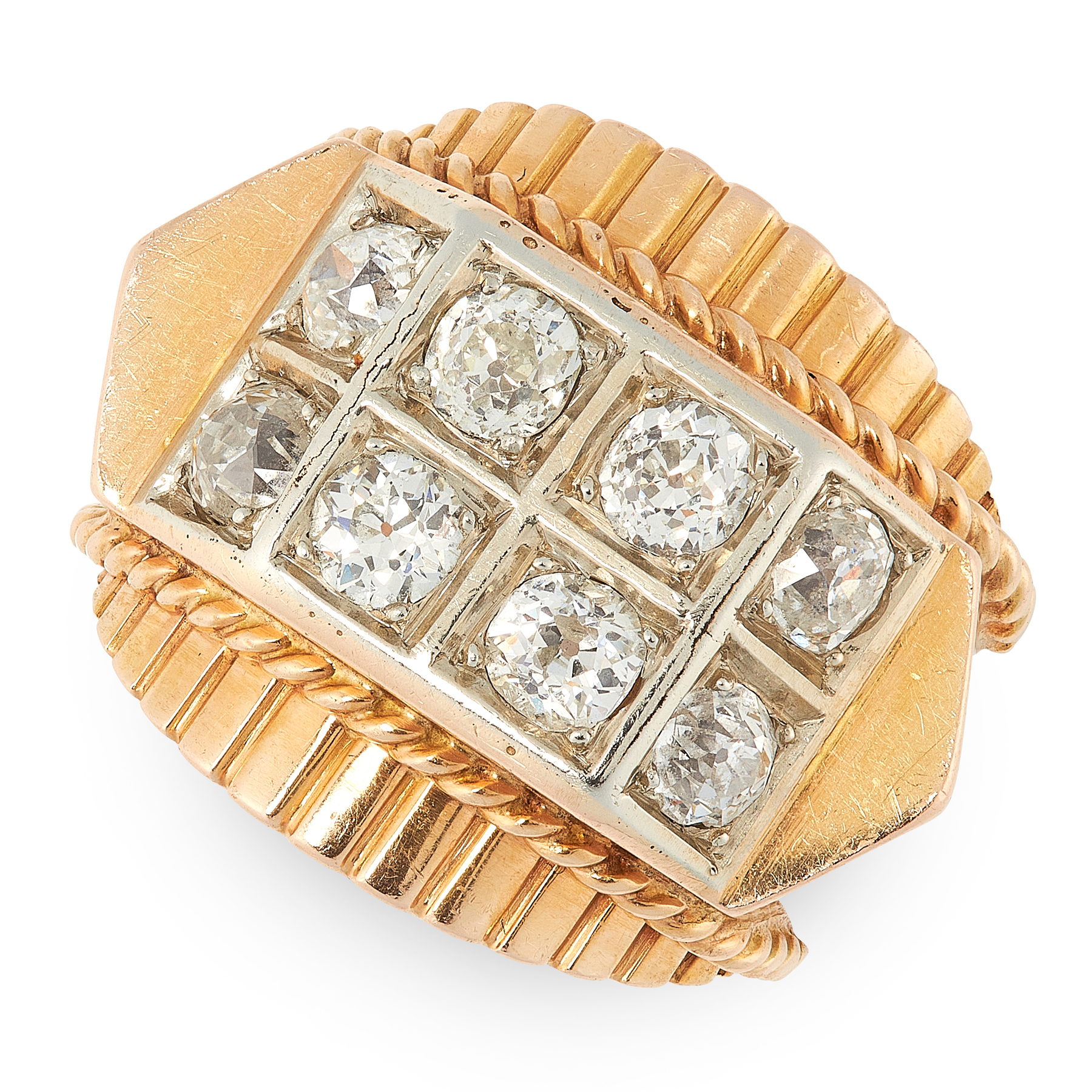 A RETRO DIAMOND BOMBE DRESS RING, 1940s in 18ct yellow gold, the face set with eight old cut