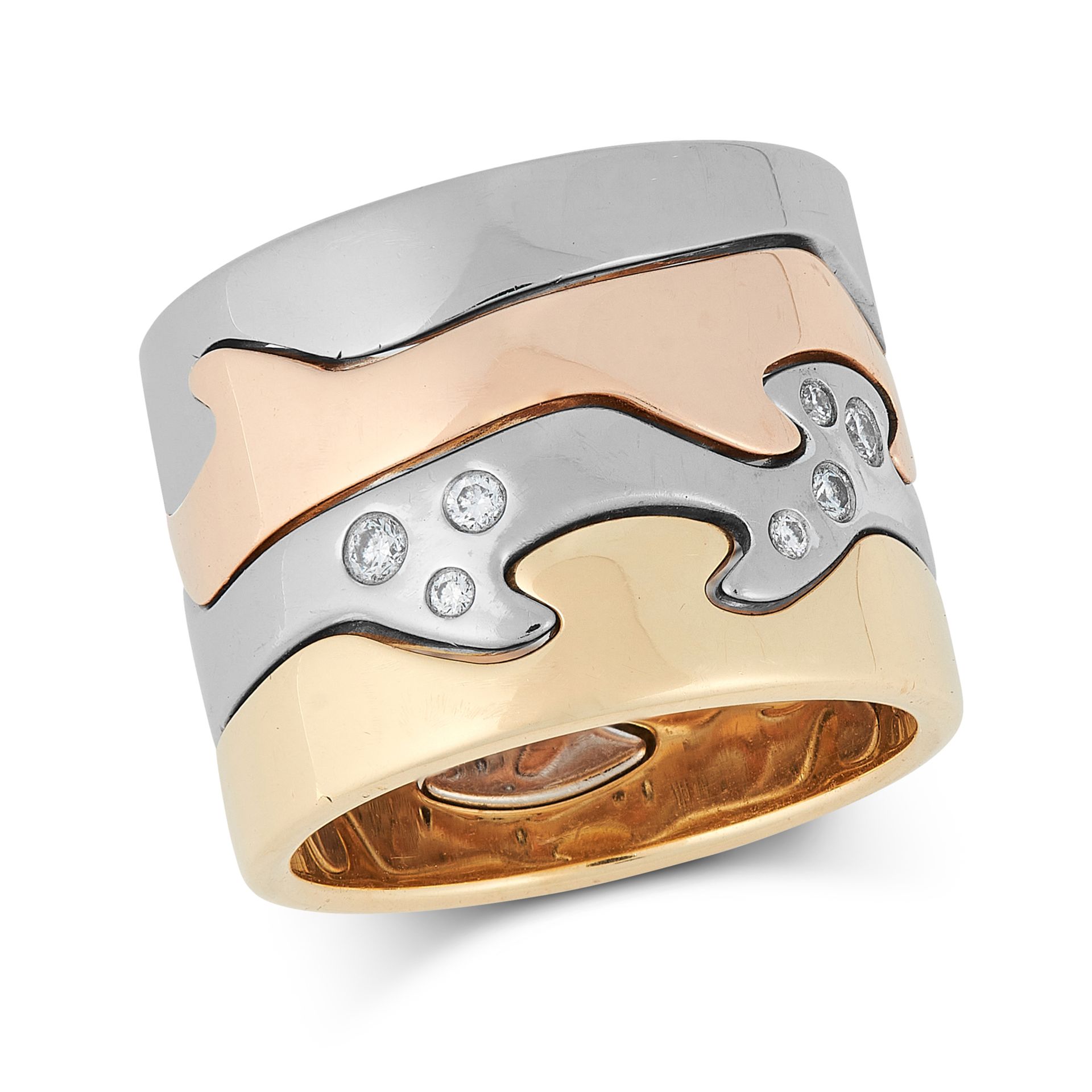 A DIAMOND FUSION STACK RING, GEORG JENSEN in 18ct yellow, white and rose gold, comprising four,