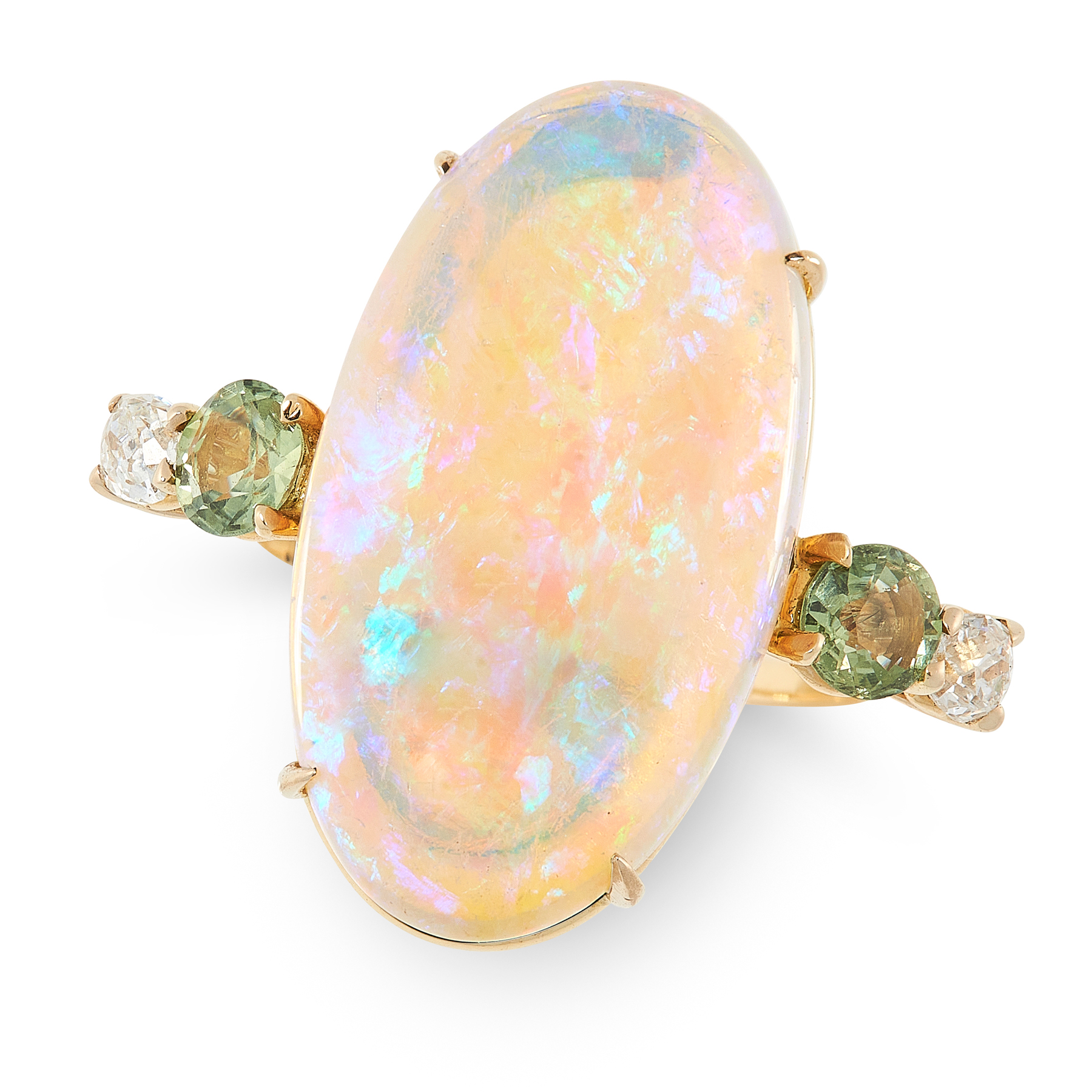 AN OPAL, GREEN SAPPHIRE AND DIAMOND RING set with an oval cabochon opal of 10.41 carats between