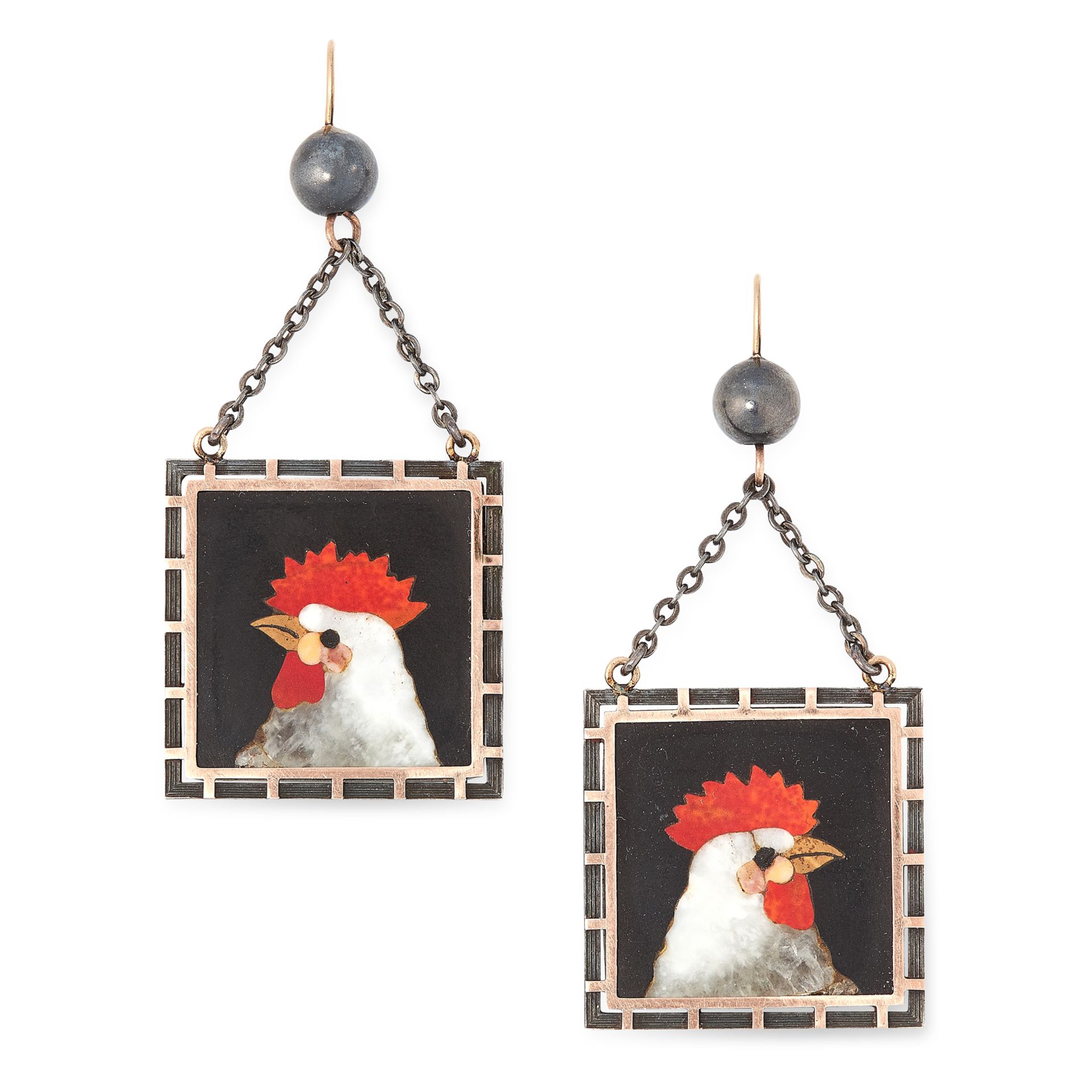 A PAIR OF ANTIQUE PIETRA DURA CHICKEN EARRINGS, LATE 19TH CENTURY each of square design, inlaid with