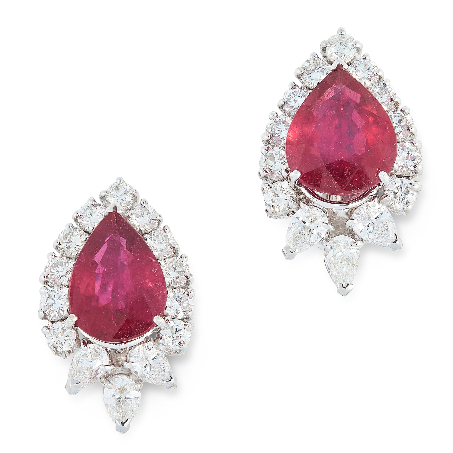 A PAIR OF RUBY AND DIAMOND EARRINGS each set with a pear cut ruby within a cluster of round and pear