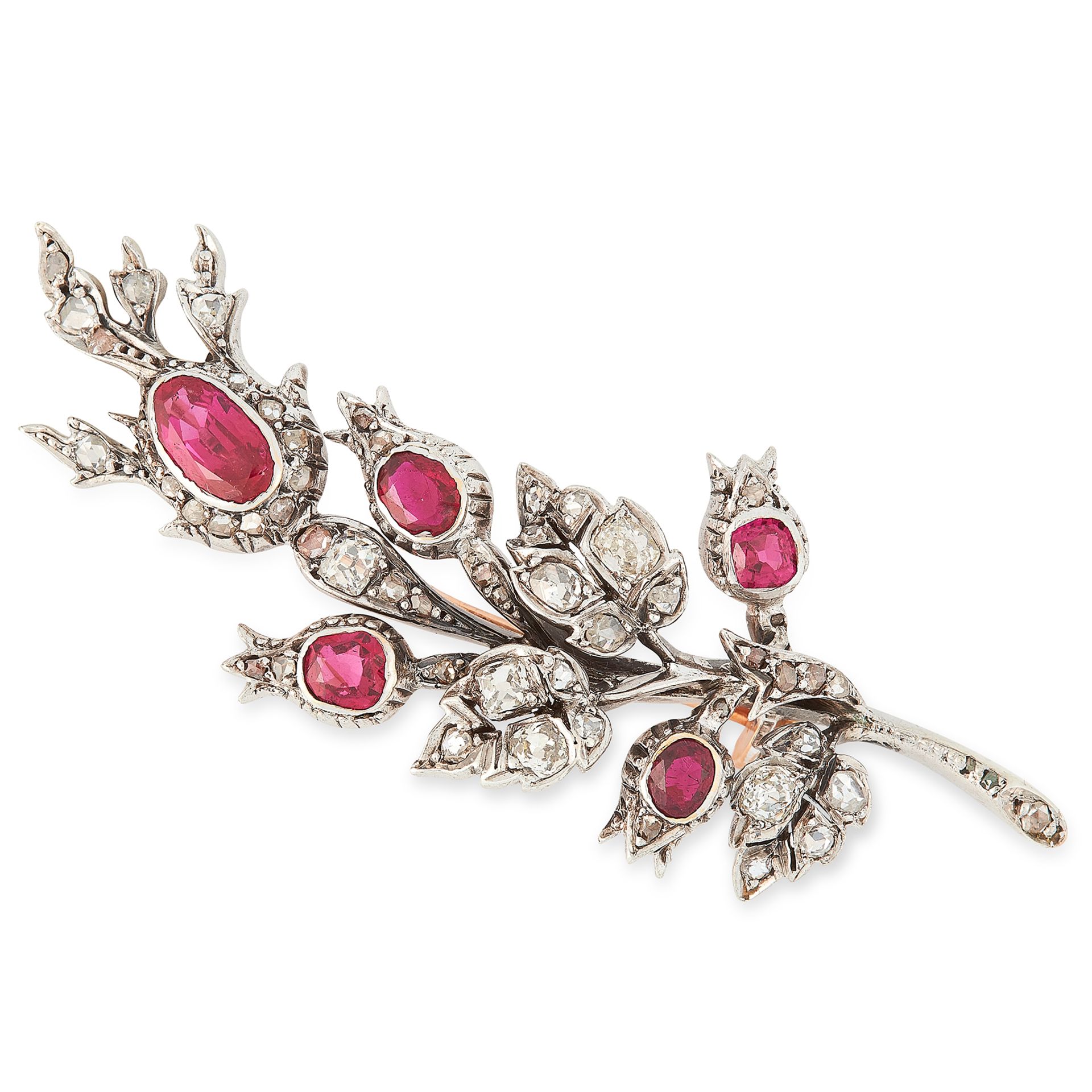 AN ANTIQUE BURMA NO HEAT RUBY AND DIAMOND BROOCH designed as a floral spray, set with a principal