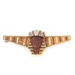 AN ANTIQUE HARDSTONE, DIAMOND AND ENAMEL BROOCH in yellow gold, in the Egyptian Revival manner, with
