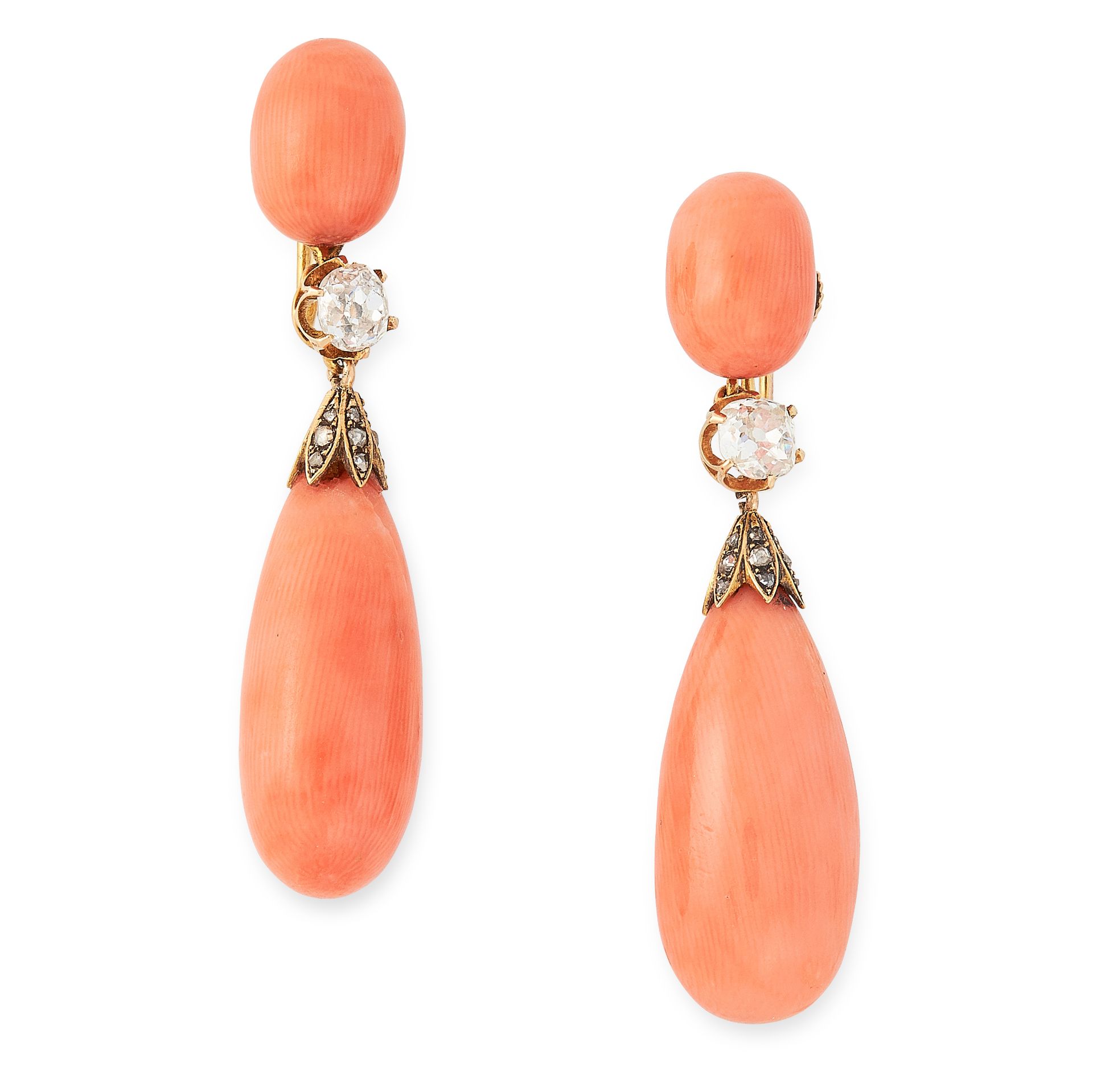 A PAIR OF ANTIQUE CORAL AND DIAMOND EARRINGS in yellow gold, each set with a polished tapering coral