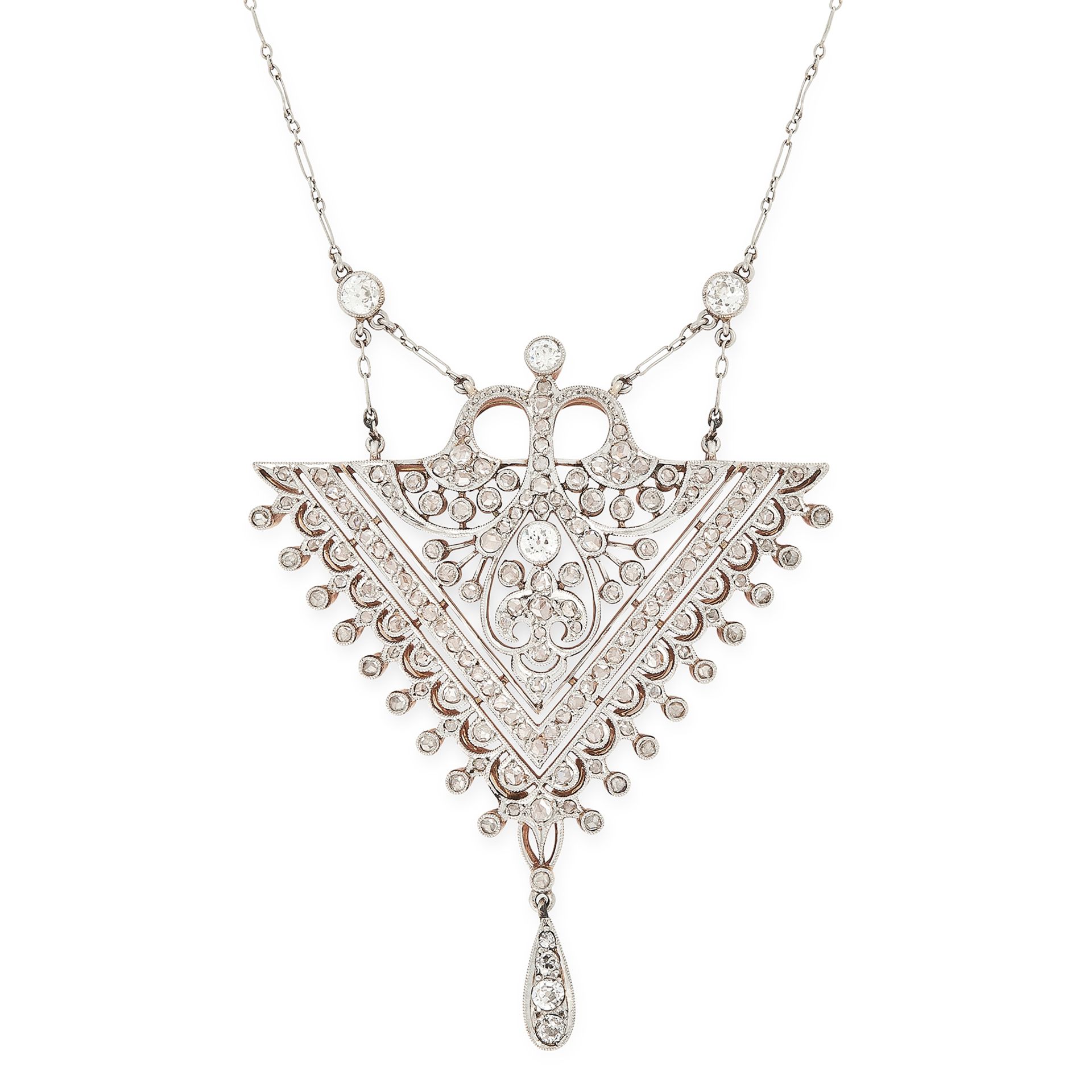 AN ANTIQUE DIAMOND PENDANT NECKLACE, EARLY 20TH CENTURY the triangular,ar openwork body jewelled