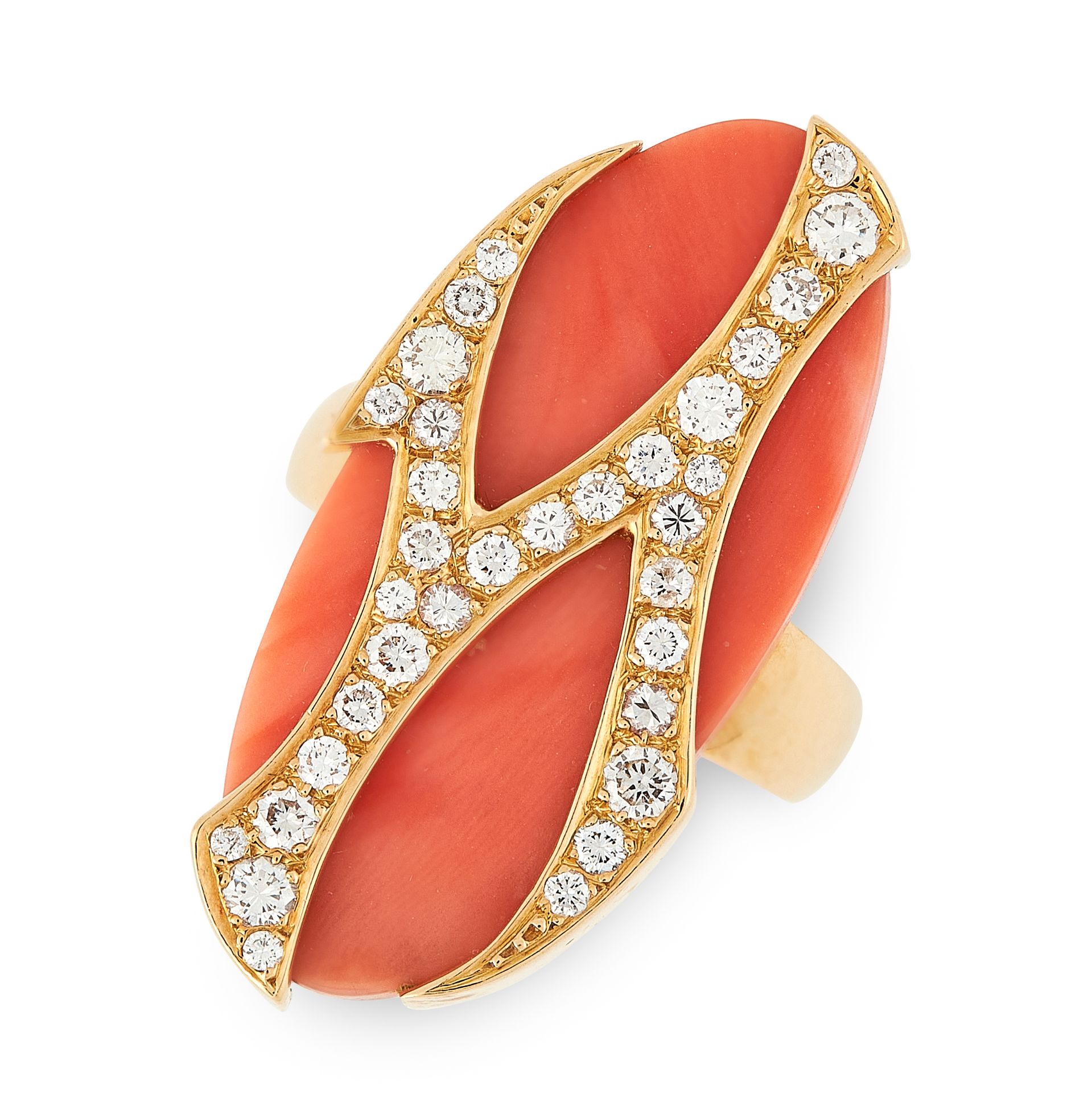 A VINTAGE CORAL AND DIAMOND BANGLE AND RING SUITE in 18ct yellow gold each set with an oval polished - Bild 2 aus 2