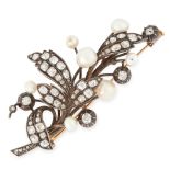 AN ANTIQUE NATURAL PEARL AND DIAMOND BROOCH in yellow gold and silver, designed as a floral spray,