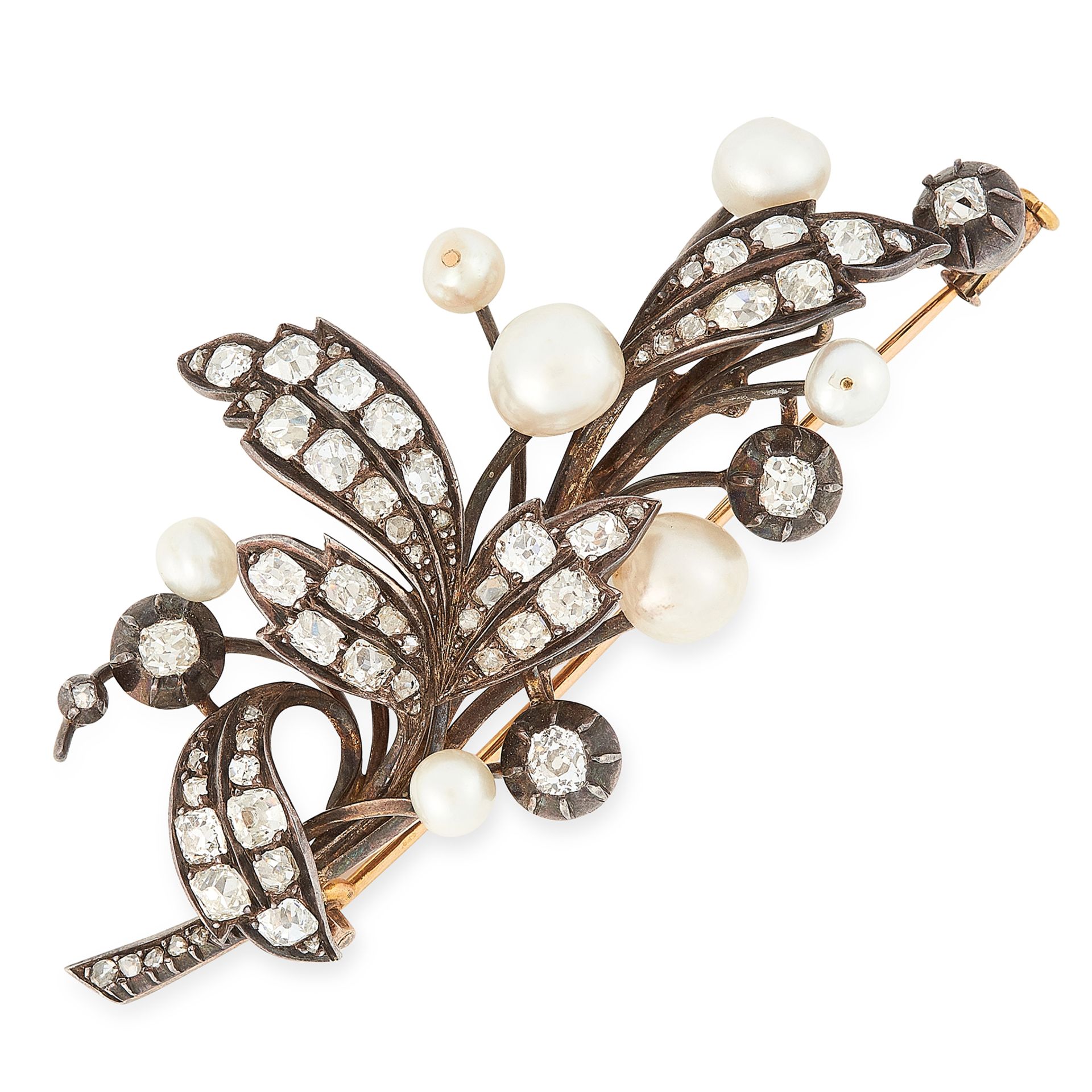 AN ANTIQUE NATURAL PEARL AND DIAMOND BROOCH in yellow gold and silver, designed as a floral spray,