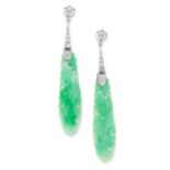 A PAIR OF ART DECO JADEITE JADE AND DIAMOND EARRINGS each set with a Chinese carved piece of jadeite