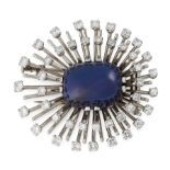 A BURMA NO HEAT SAPPHRIE AND DIAMOND BROOCH in 18ct white gold, set with a cushion shaped cabochon