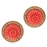 A PAIR OF CARVED CORAL AND DIAMOND EARRINGS in 18ct yellow gold, each set with a circular piece of