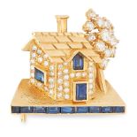 A SAPPHIRE AND DIAMOND HOUSE BROOCH in 18ct yellow gold, designed to depict a house with a tree,