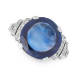 AN ART DECO CEYLON NO HEAT SAPPHIRE AND DIAMOND RING in 18ct white gold, set with a mixed round