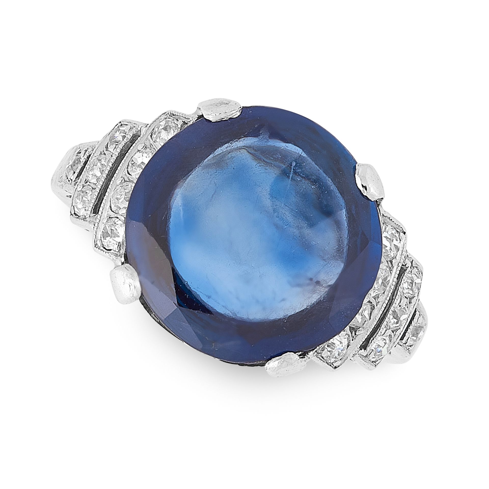 AN ART DECO CEYLON NO HEAT SAPPHIRE AND DIAMOND RING in 18ct white gold, set with a mixed round