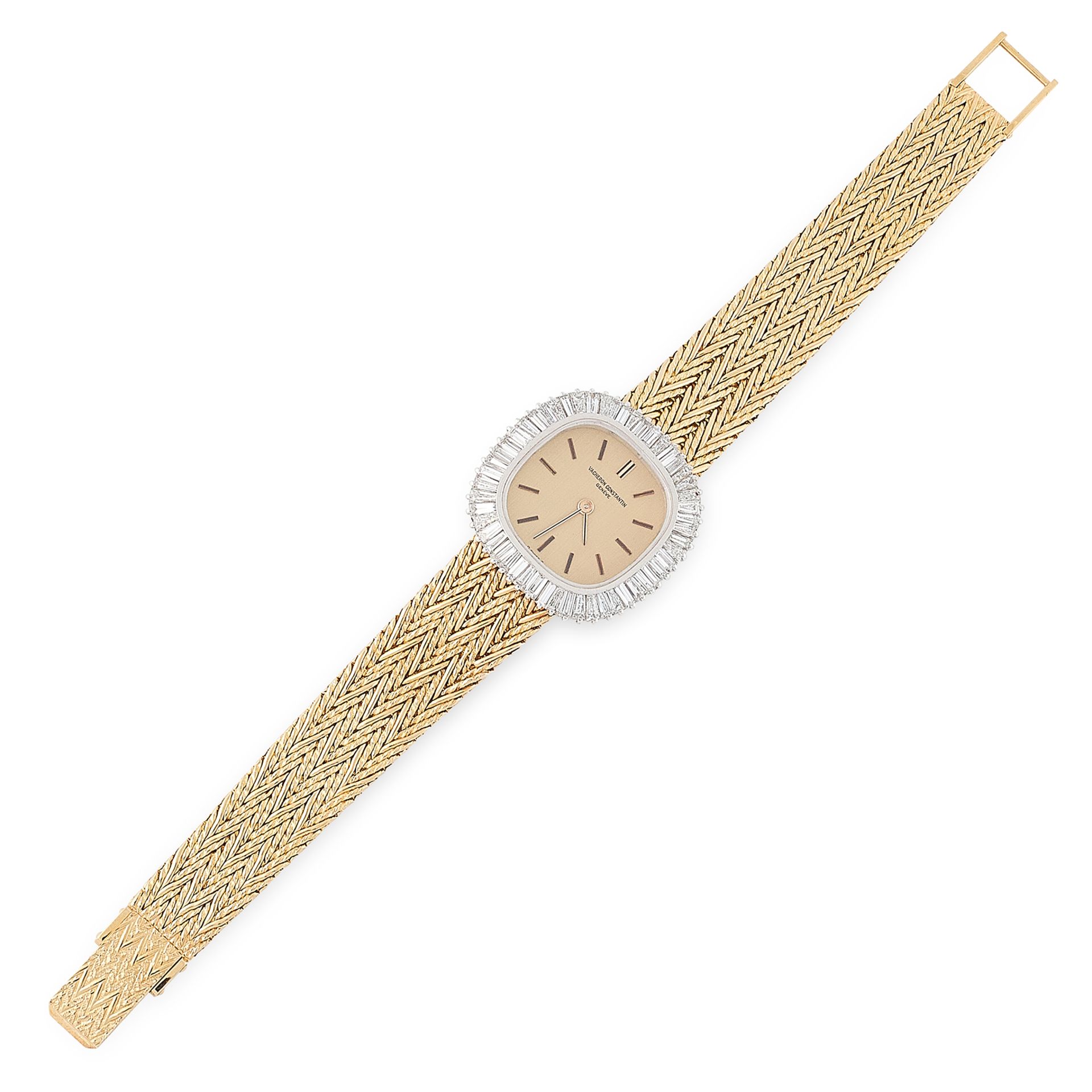 A LADIES DIAMOND WRIST WATCH, VACHERON CONSTANTIN in 18ct yellow gold, with gold dial in baguette