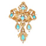 AN ANTIQUE TURQUOISE AND CHRYSOBERYL BROOCH, 19TH CENTURY in yellow gold, of ribbon design, set with
