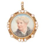 AN ANTIQUE PEARL AND DIAMOND PORTRAIT MINIATURE PENDANT in yellow gold, set with a circular portrait