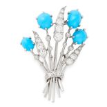 A VINTAGE TURQUOISE AND DIAMOND BROOCH, CARTIER in 18ct white gold, designed as a floral spray,