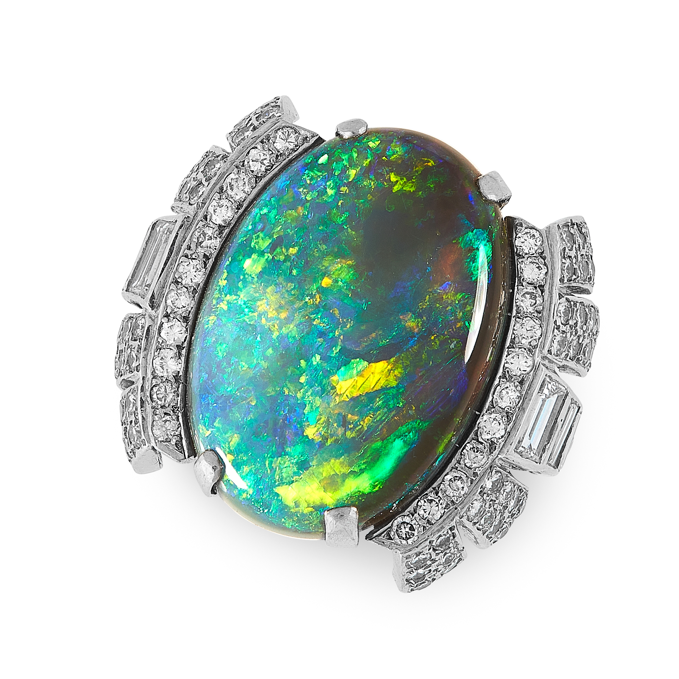 A BLACK OPAL AND DIAMOND RING CIRCA 1940 set with an oval cabochon black opal of 7.83 carats,