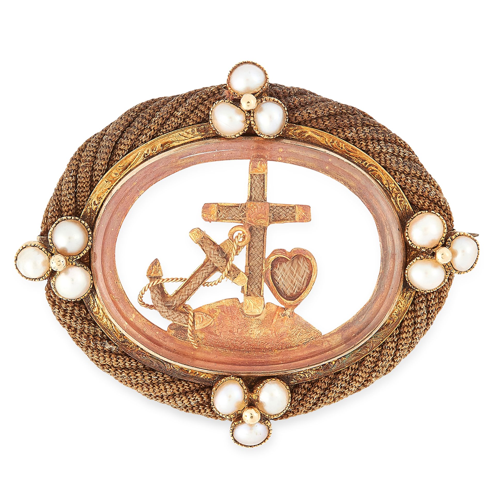 AN ANTIQUE PEARL AND HAIRWORK MOURNING BROOCH, 19TH CENTURY in yellow gold, the oval face with inset