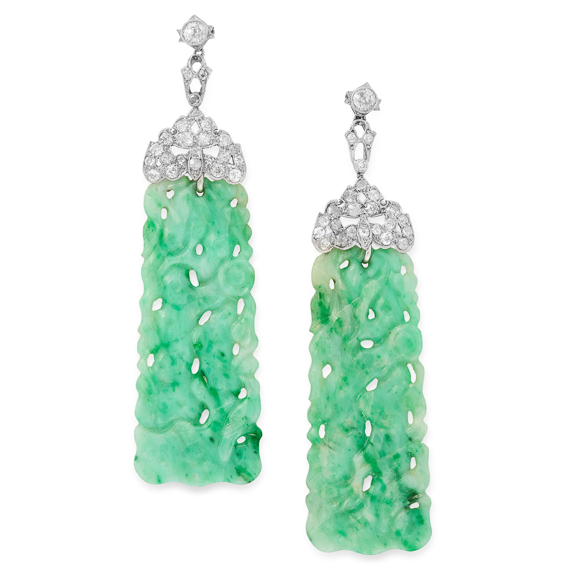 A PAIR OF ART DECO JADEITE JADE AND DIAMOND EARRINGS, EARLY 20TH CENTURY each set with a large