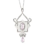 AN ANTIQUE PINK TOPAZ, ROCK CRYSTAL AND DIAMOND PENDANT AND CHAIN set with a central oval cut pink