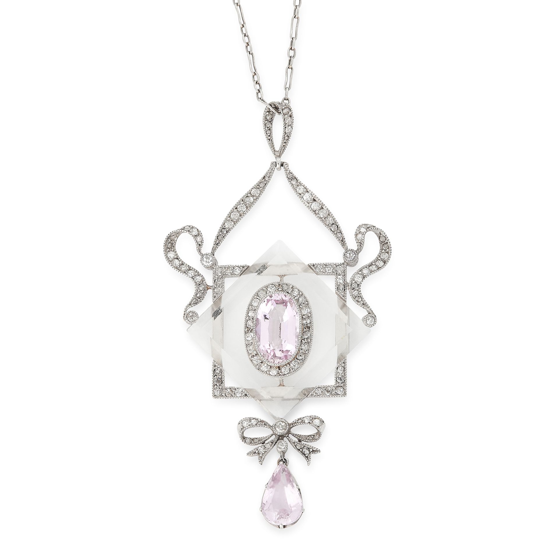 AN ANTIQUE PINK TOPAZ, ROCK CRYSTAL AND DIAMOND PENDANT AND CHAIN set with a central oval cut pink