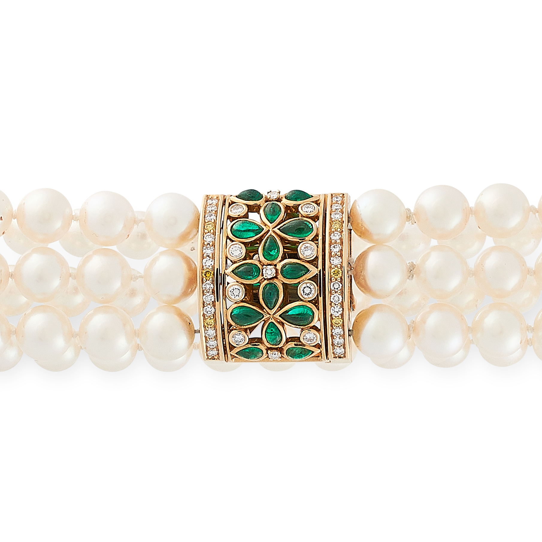 A PEARL, EMERALD AND DIAMOND CHOKER NECKLACE, CARTIER 1998 in 18ct yellow gold, comprising three - Image 2 of 2