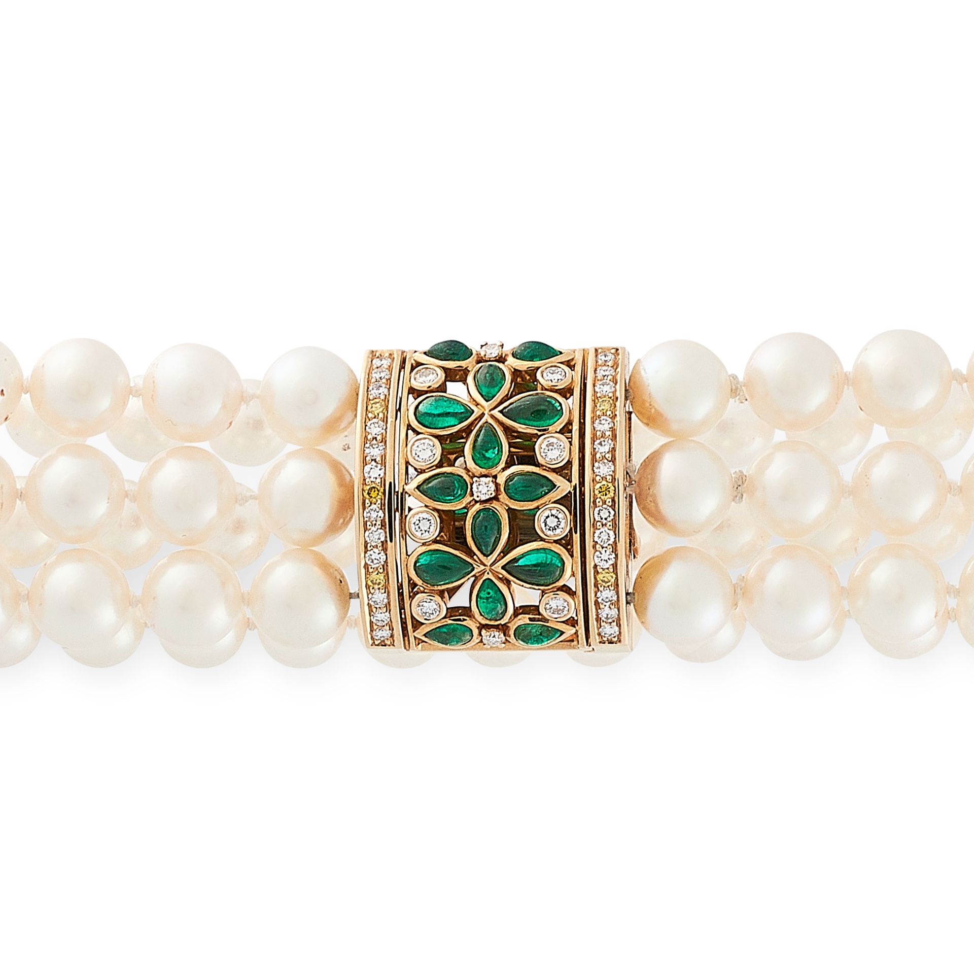 A PEARL, EMERALD AND DIAMOND CHOKER NECKLACE, CARTIER 1998 in 18ct yellow gold, comprising three - Bild 2 aus 2