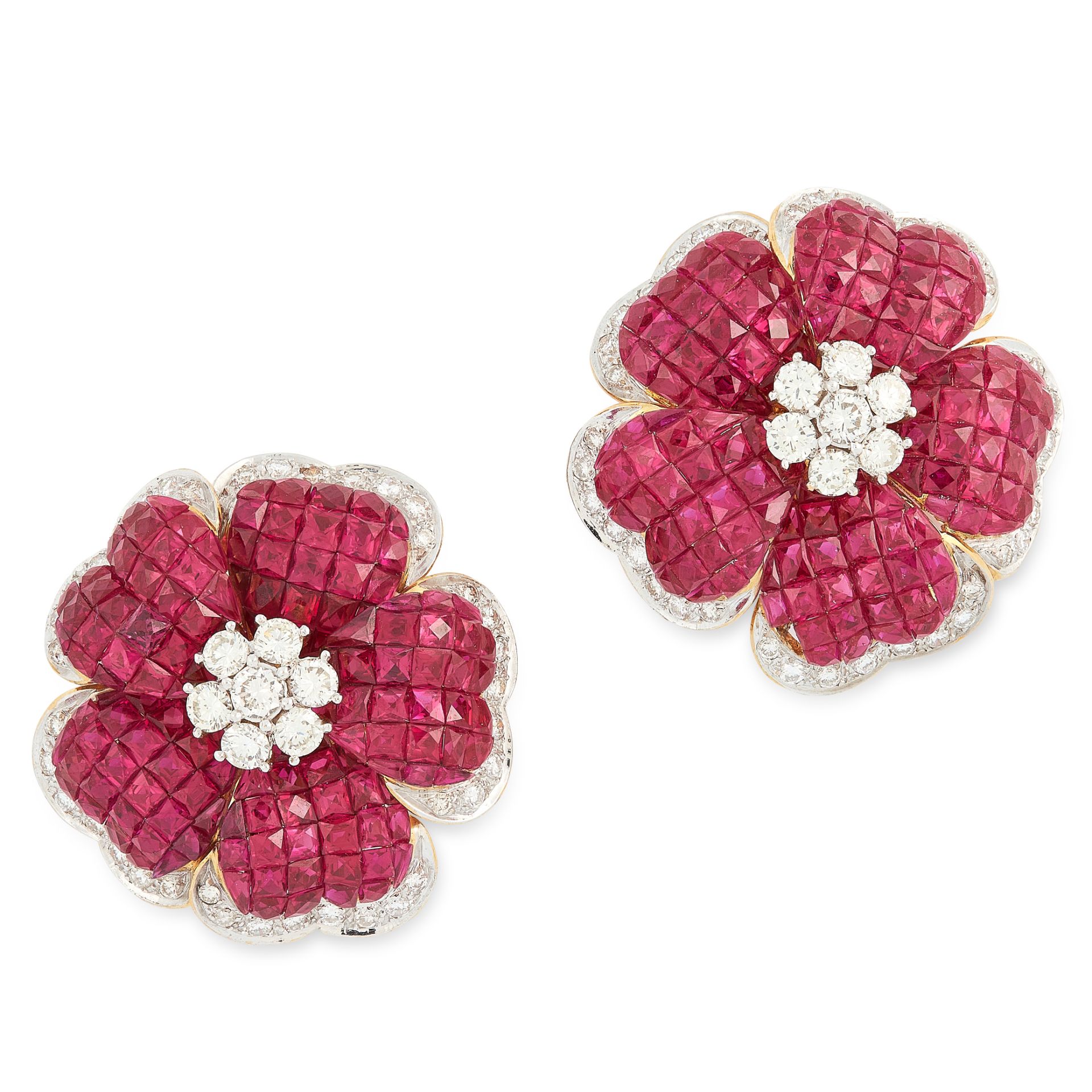 A PAIR OF RUBY AND DIAMOND FLOWER EARRINGS in 18ct yellow gold, each designed as a five petal