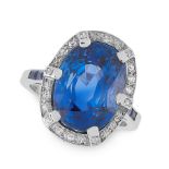 A BURMA NO HEAT SAPPHIRE AND DIAMOND RING in platinum, set with an oval cushion cut sapphire of