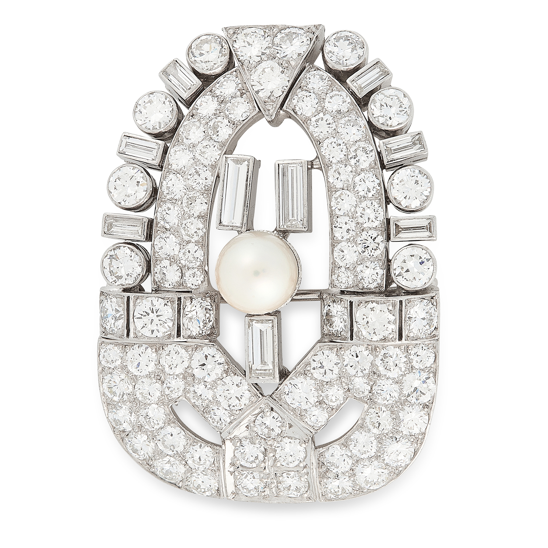 A PEARL AND DIAMOND BROOCH, CIRCA 1950 of shield design, set at the centre with a pearl of 6.9mm,