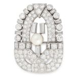 A PEARL AND DIAMOND BROOCH, CIRCA 1950 of shield design, set at the centre with a pearl of 6.9mm,