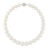 A CULTURED PEARL AND DIAMOND NECKALCE in 18ct white gold, comprising a single row of thirty