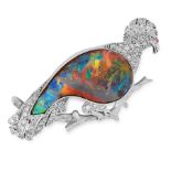 A VINTAGE BLACK OPAL AND DIAMOND BROOCH designed as a bird, the body set with a polished piece of