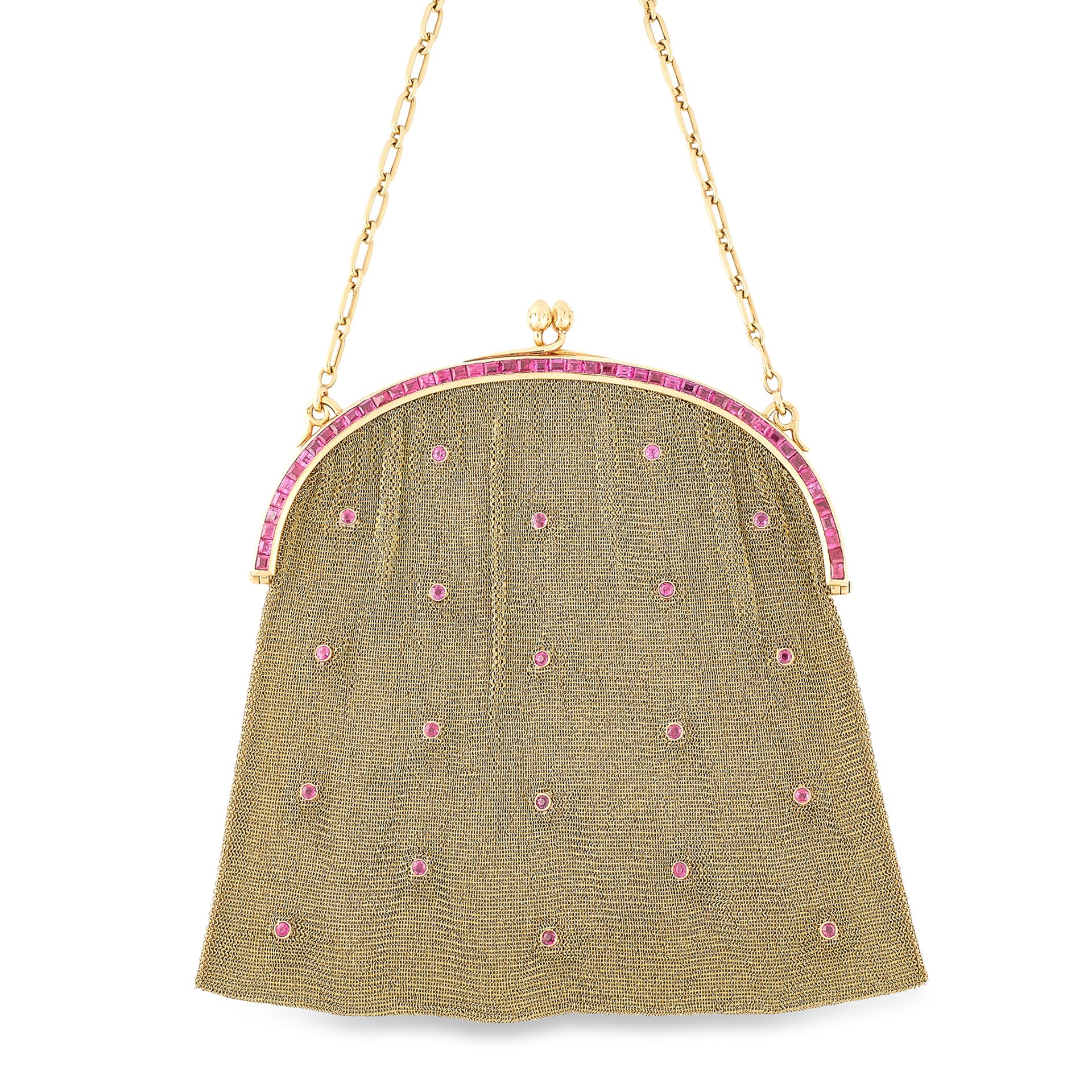 A VINTAGE BURMA NO HEAT RUBY EVENING BAG / PURSE in 18ct yellow gold, the mesh bag jewelled with