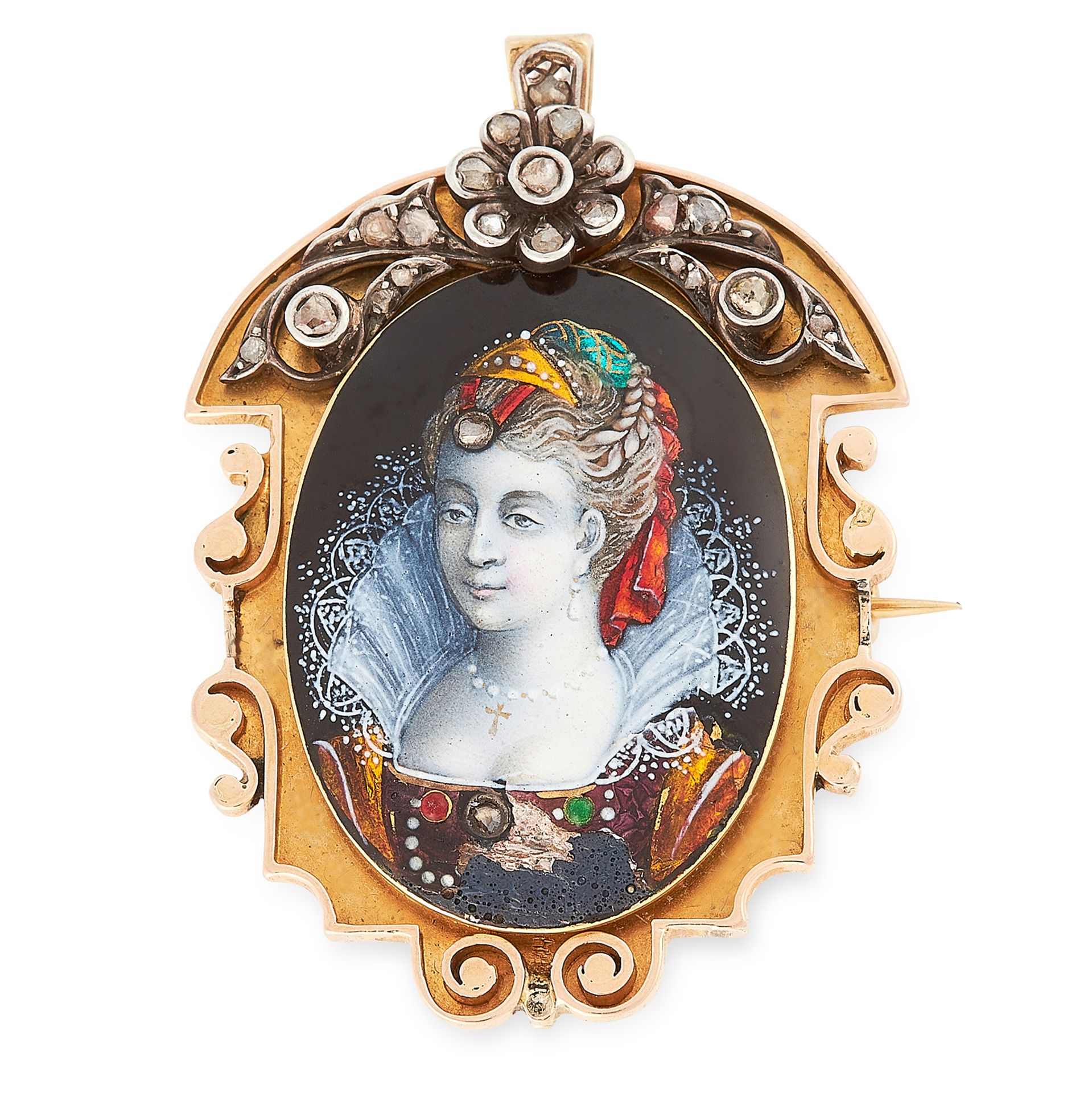 AN ANTIQUE ENAMEL AND DIAMOND PORTRAIT BROOCH / PENDANT in yellow gold, set with an oval enamel