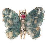 AN ANTIQUE MOSS AGATE, RUBY AND DIAMOND BUTTERFLY BROOCH in yellow gold and silver, designed as a